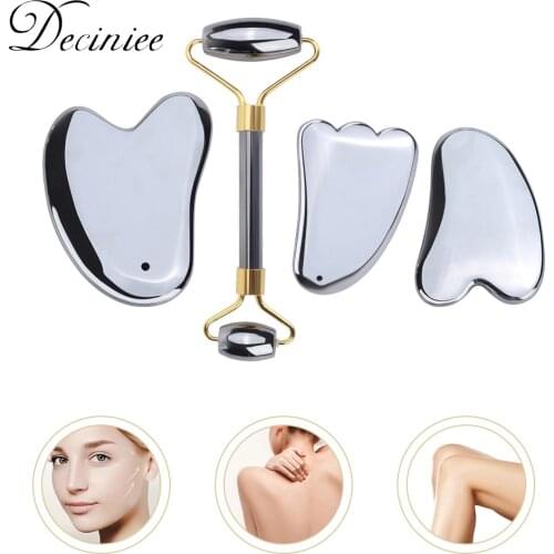 Facial Tool Gua Sha Roller Set Terahertz Roller Manual Massage Stick Heart-Shaped Scraping Board for Neck Body Facial Massager