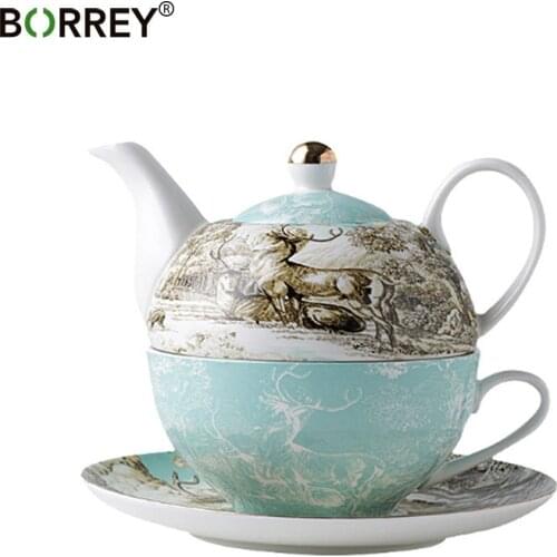 BORREY Bone China Tea Pot Set Flower Tea Pot Ceramic Teacup Office Coffee Cup Mug Afternoon Tea Set British Style 4-Piece Set