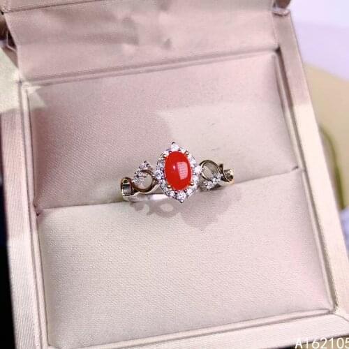 925 pure silver Chinese style natural Akase Red Coral womens fashion classic Plant pattern adjustable gem ring fine jewelry sup