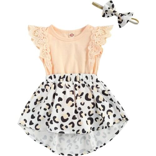 2021 Summer Newborn Baby Girls Romper Dress Leopard Flowers Print Ruffles Lace Fly Sleeve Jumpsuits Dress+Headband