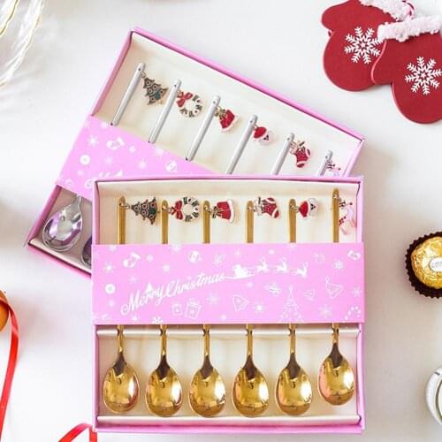 6PCS Stainless Steel Teaspoon Christmas Spoon Set New Year 2021 Table Ornaments Coffee Spoon For Home Navidad Noel Gift Box Set