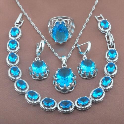 Sky Blue Zirconia Womens Wedding Jewelry Sets Bracelet Necklace Pendant Earrings Ring Russian Style YZ0161