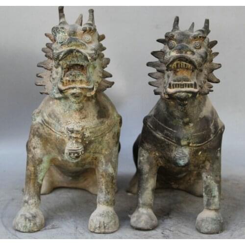 Song voge gem S1753 14" Old Chinese Bronze animal exorcise Kylin Chi-lin Qilin sculpture Statue Pair