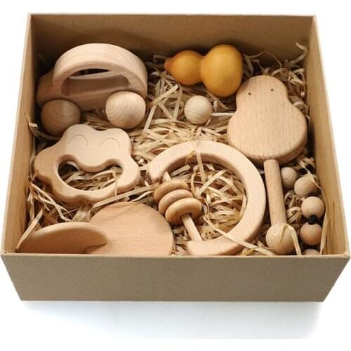 5~9pcs) Gift Set for New Born Wooden Montessori Toys for 2~3 Month Baby Early Educational Toys Auditory Sense /Tactile Sense