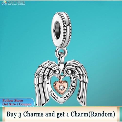 Ahthen 925 Sterling Silver Beads Angel Wings & Heart Dangle Charm fit Original Pandora Bracelets for Women Jewelry Making Gift