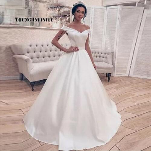 Simple Elegant White Ivory Satin Wedding Dress Princess Ball Gown Corset Off Shoulder Bridal Gown Long vestidos de novia 2020
