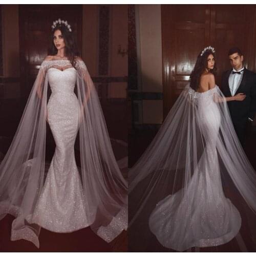 2020 Luxurious Mermaid Wedding Dresses With Cape Wrap Lace Sequins Bead Wedding Gowns Dubai Arabic Long Abiti Da Sposa