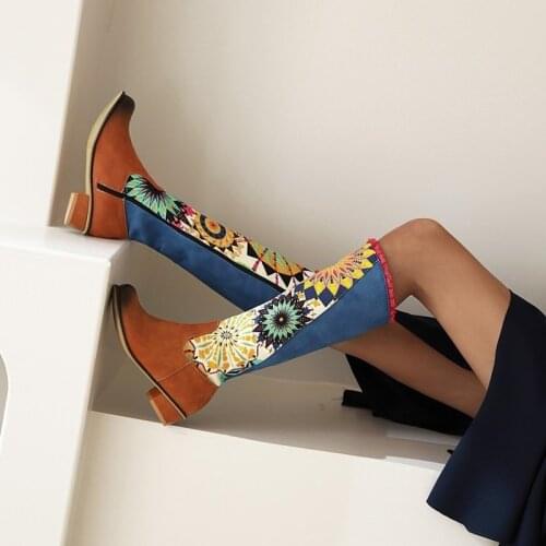 Boots Women Winter Knee High Boots Print Platform Low Heel Long Boots Round Toe Sexy Shoes Bottes Femme Botas Mujer 34-43