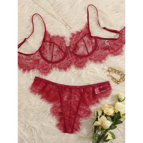 Sexy Lingerie Set Perspective Lace Mesh Womens Underwear Porn Wireless Bra Thong Erotic Costumes Temptation Womens Nightwear