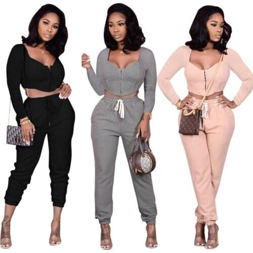 Sexy Corset Two Piece Sets Womens Outfits Long Sleeve Crop Top And Drawstring Waist Pants Track Suits Winter Spring Woman Set