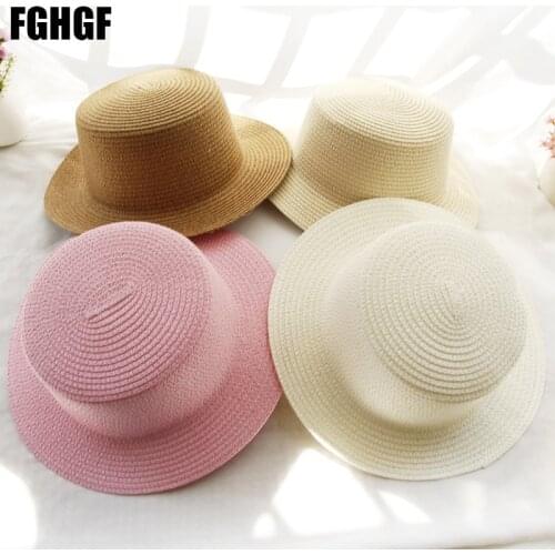 Childern Straw Hat Solid Wide Brim Boater Hat Summer Beach Sun Hat Flat Fedoras Kentunky Derby Hat in White Black 11 color