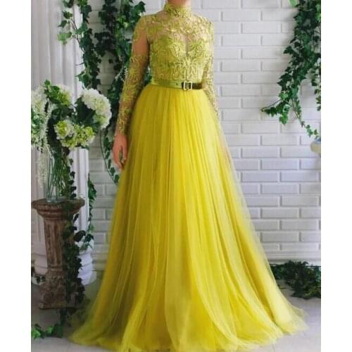 2021 Long Tulle Appliques Prom Dresses Long Sleeves High Neckline Formal Evening Party Ball Gowns Robe De Soiree