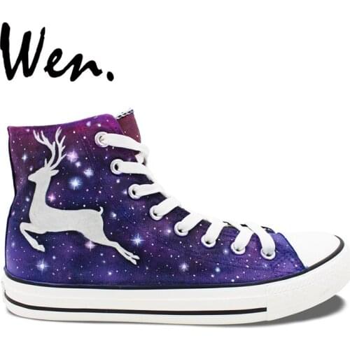 Wen Design Custom Original Hand Painted Shoes Purple Galaxy Deer Women Mens High Top Canvas Sneakers Birthday Gifts