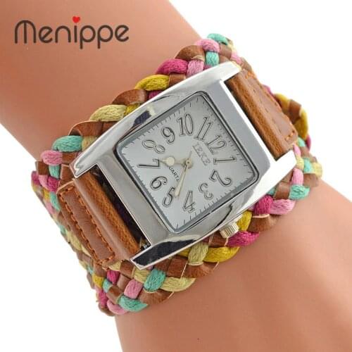 Fashion New Brand PU Leather Watch Women Dress Watches Knit Wide Belt Rope Woven 5 Colors Ladies Rainbow Bracelet Wrist watches