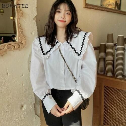 Women Shirts Peter Pan Collar Sweet Patchwork Single Breasted Korean Style Chic Loose Casual Ulzzang Clothing Female Spring New