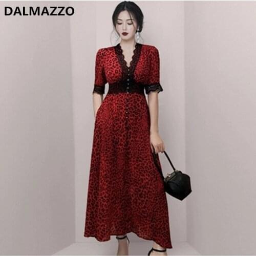 2021 Newest Summer Vintage Print Leopard Chiffon Lace Edge Vestidos Women V Neck Short Sleeve Single-Breasted Slim Long Dresses