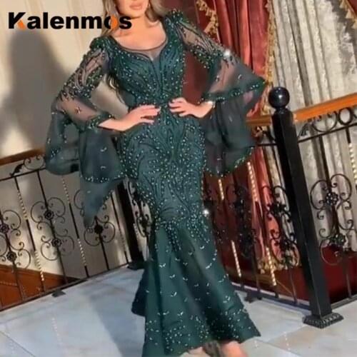 Sexy Party Dress Women KALENMOS Sheath Empire Lace Floor-Length Dark Green Sprinkle Gold with Long Sleeves Maxi Dress Vestidos