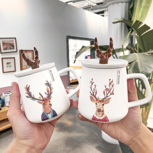 450ml Nordic INS Style Creative Antler Ceramic Mug With Lid Home School Office Water Tea Coffee Mug Cartoon Couple Drinkware Cup
