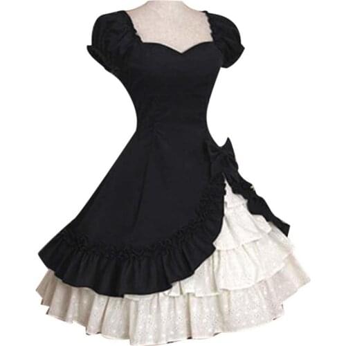 50% Hot Sales Lolita Women Medieval Ruffle Tiered Bow Dress Short Sleeve Party Ball Gown