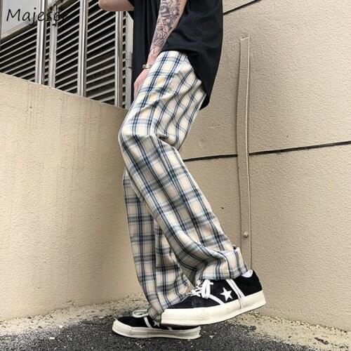 Casual Pants Men Oversize Straight Drawstring Plaid Trousers Chic Mopping Jogger All-match Korean Style Hombre Harajuku Fashion