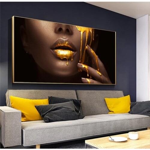 Black Women Face with Golden Liquid Canvas Paintings on The Wall Posters and Prints Cuadros Pictures for Living Room Decoration