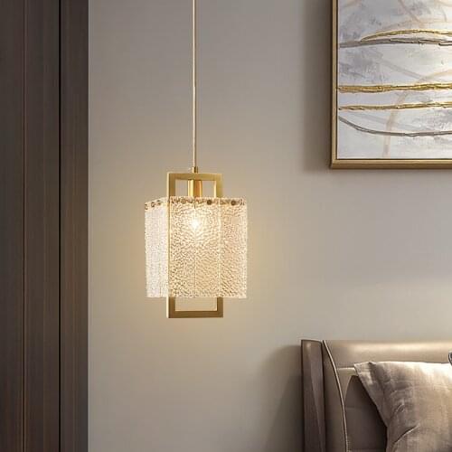 DX Nordic Copper Chandelier Light Luxury Golden Texture Glass Bedroom Bedside Small Long Single Head Pendant lights
