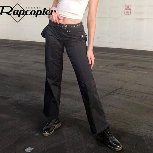 Rapcopter Solid Sashes Jeans Straight Retro Cargo Pants Fashion Pockets Low Waisted Sweatpants Women Casual Basic Jeans Clothes
