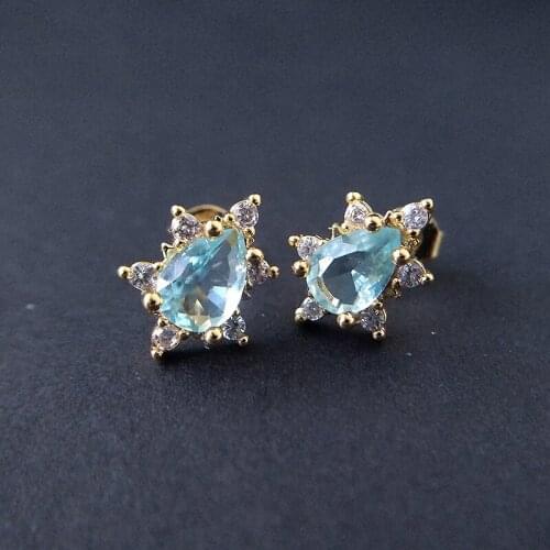 Exquisite Gold Plated Water Drop Stud Earrings Sea Blue Gems Crystal Earrings Bridal Earrings Princess Jewelry Lovers Gifts
