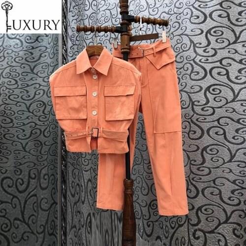 2020 Outfits 2 Piece Autumn Fashion Jacket Set Women Big Pocket Patchwork Sleeveless Orange Coats+Skinny Pants & Capris Sets