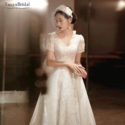 Lace Wedding Dresses Short Sleeve V-Neck A Line Bridal Gowns Dreamy Floor Length With Big Tie Vestido De Noivas DW476