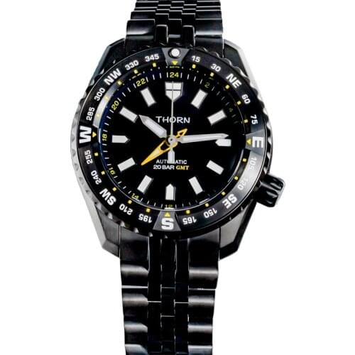 Shirryu Mens GMT Automatic Watch Black Dial Sapphire Crystal Luminous Marks Self-Winding Movement Stainless Steel Bracelet