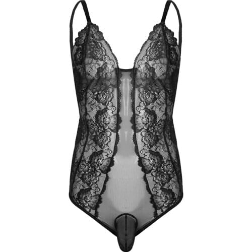 Mens Mesh Transparent Bodysuit Sleepwear Lace Bikini Penis Sheath Underwear Thong Bodysuit Black Sissy Pouch Bodysuit Nightwear