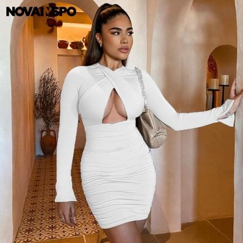 NOVAINSPO White Solid Hollow Out O Neck Long Sleeve Mini Dresses For Women 2021 Fashion Casual Streetwear Ruched Dress Elegant