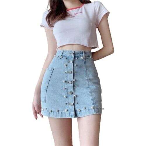 PERHAPS U Sexy Streetwear Denim Distressed Beading Buttons Pockets Asymmetrical A-Line Pencil Bodycon Short Skirt Culottes S3012