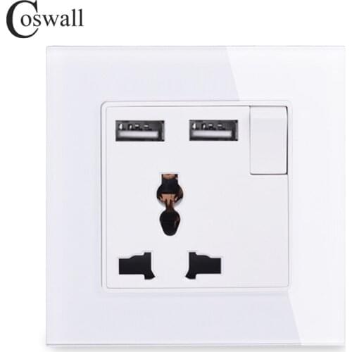 Coswall Crystal Glass Panel 13A Universal Socket Switched With 2 USB Charge Port DC 5V 2.1A C1 Series Black White Gold Grey