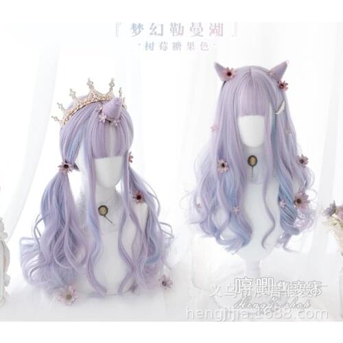 Heng Ji Lolita Harajuku Unicorn "Dream Leman Lake" Lolita round Face Long Curly Hair Double Ponytail Wig Lolita wig