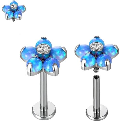 G23 Titanium Steel Women Piercing Opal Gem Labret Lip Bar Rings Cubic Zircon Flower Ear Cartilage Tragus Helix Piercing Jewelry