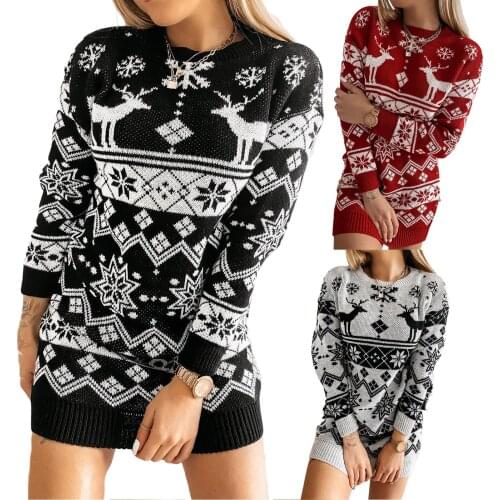 Christmas Ladies Knitted Dress,2021 Autumn Casual Women Temperament Elk Snowflake Round Collar Long Sleeve Sweater Short Skirt