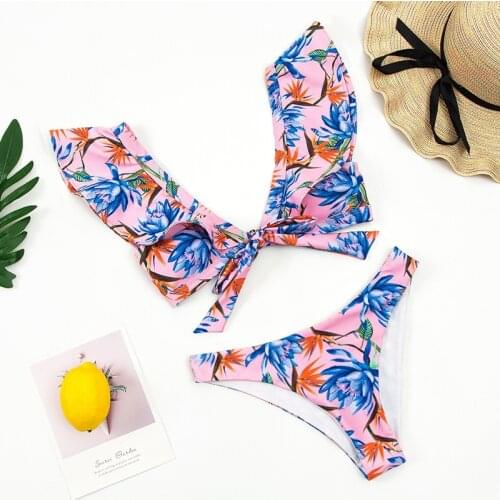 Sexy Ruffle Shoulder Bikinis Women Falbala Triangle Bikini Set Ruffled Push Up Tied String Swimwear Floral Bathing Suit Swimsuit