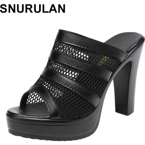 SNURULANNew2021Summer Shoes Peep Toe High Heels Platform Shoes Sexy Women Slippers Mesh Split Leather Slippers Outside BlockHeel
