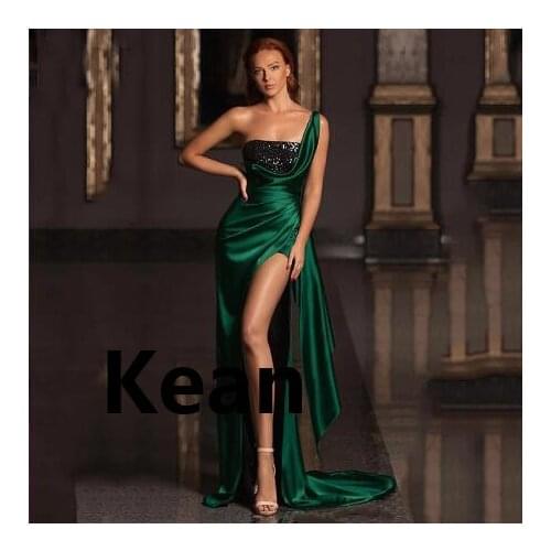 High Slit One Shoulder Evening Dresses Satin Pleat Mermaid Special Occasion Dress Islamic Dubai Kaftan Saudi Arabic Prom Dress
