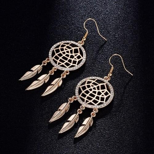 Gold Feather Tassel Vintage Dangle Earring Hollow Dreamcatcher Crystal Earrings For Women Bijoux Fashion Accessories Gift 2021