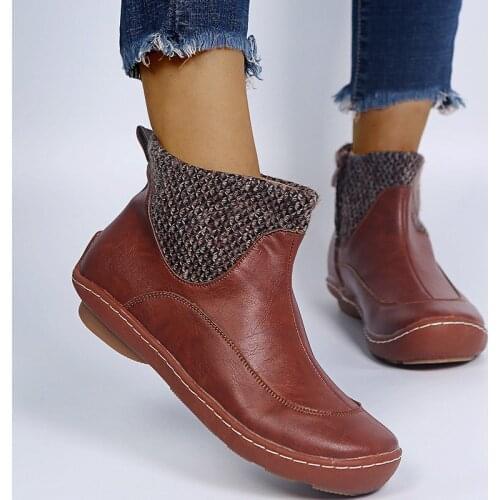 2021 Spring Women Ankle Boots Knit Pu Patchwork Retro Boots Female Woman Round Heel Flat Shoes Autumn Comfortable Zipper Shoe