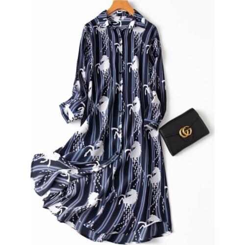 Womens 100% Silk luxury Fashion Heavy Round neck Long Dress Elegant Navy stripes Horse Prints One Size L1107