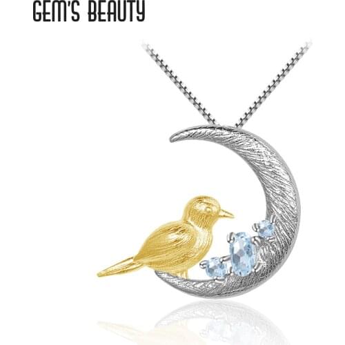GEMS BEAUTY 925 Sterling Silver Necklace Moon Bird Natural Oval Sky Blue Topaz Handmade Necklace For Women Romantic Gift
