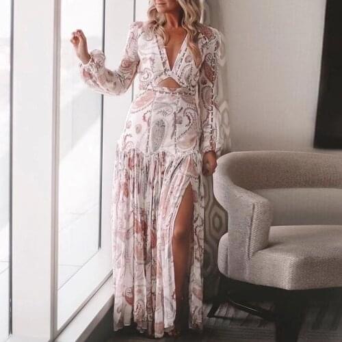 Summer dress 2021 new chiffon V-neck pearl decoration lantern sleeve high waist split long big swing dress woman