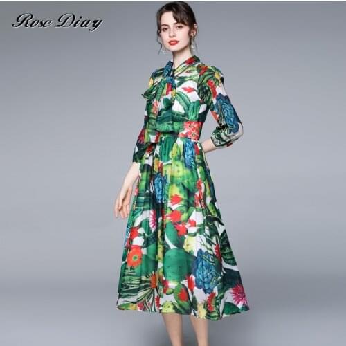 2021 Summer Fashion Tropical Jungle Vacation Green Floral Chiffon Dress Women Bow Collar Floral Print Pleated Elegant Midi Dress