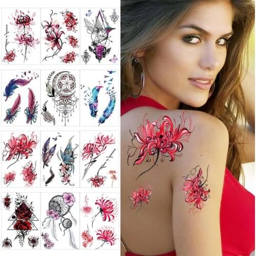 12 Sheets Kapmore Flower Temporary Tattoo Fake Realistic Body Waterproof Tattoo Women Body Art Sticker DIY Fake Tattoos