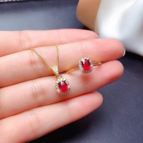18k Yellow Gold Resizable Jewelry Sets for Women Gemstone Bridal Ruby Ring Pendant Necklace Women Wedding Engagement Jewelry