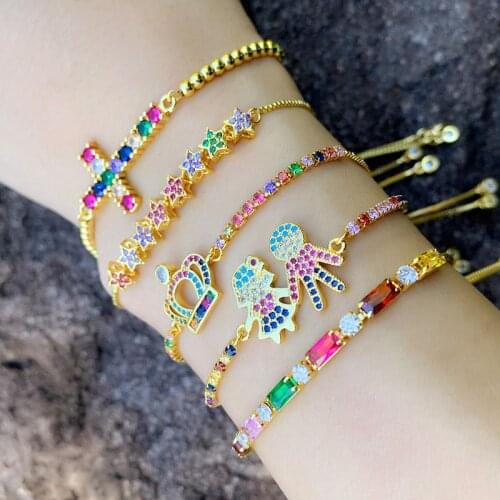 2021 Jewelry Gift Tiny CZ Rainbow Girl Boy Bracelets For Women Crystal Multiple Shape Charms Gold Link Adjustable Bracelet